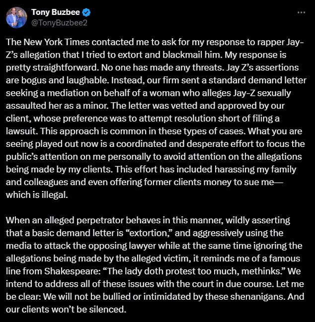 In a seemingly growing war of words, Mr Buzbee has attacked the Empire State of Mind singer on social media