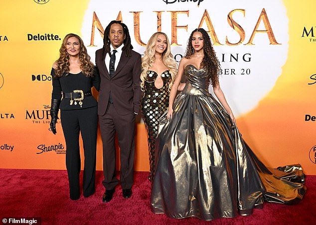 Jay-Z with Beyonce, Blue Ivy and his mother-in-law Tina Knowles. Just hour after the allegations emerged the family put on a united front as they attended the premier of Blue Ivy's feature film debut in Mufasa: The Lion King