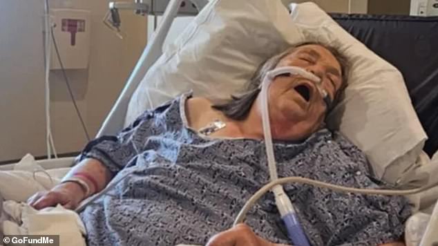 Patricia Bunting, 76, is pictured seriously-ill in Orlando after traveling to Florida on vacation and falling ill. She did not purchase travel insurance and is now on the hook for huge medical bills