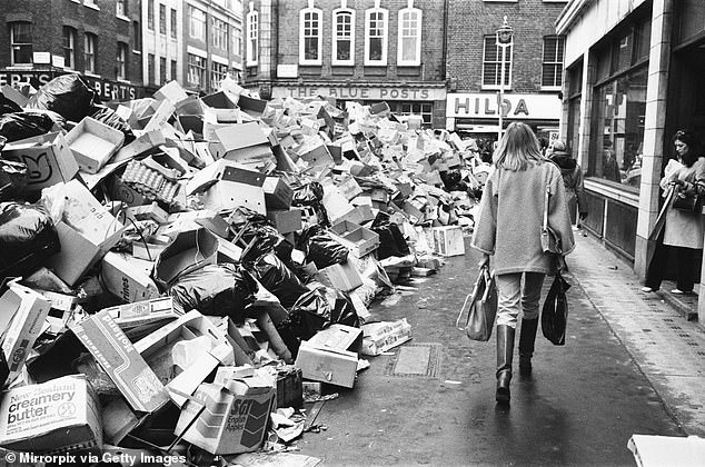 Rubbish piles up on the streets of London during the Winter of Discontent in 1979 when dustmen went on strike