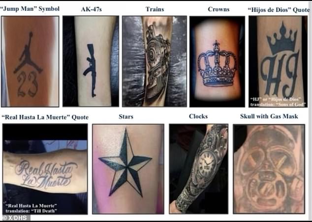 Tren de Aragua gang tattoos (pictured above) were part of a Department of Homeland Security bulletin that was recently shared with federal agents