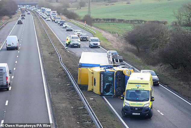 A crashed lorry on the A19 northbound near Seaham in County Durham in strong winds on January 24