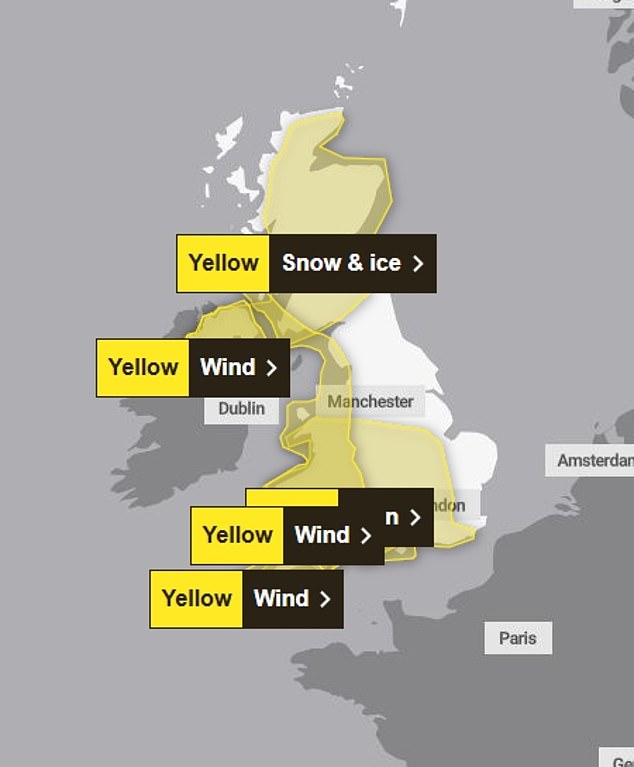The yellow weather warnings in place for today on a Met Office map