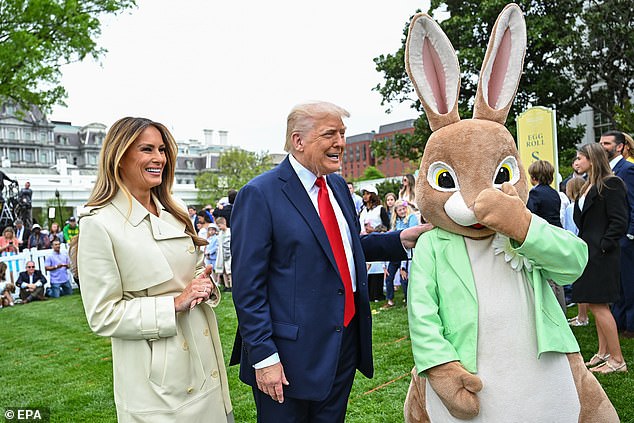 President Donald Trump was joined by his wife Melania Trump and son Don Jr. on Monday as the family celebrated Easter together on the White House's South Lawn