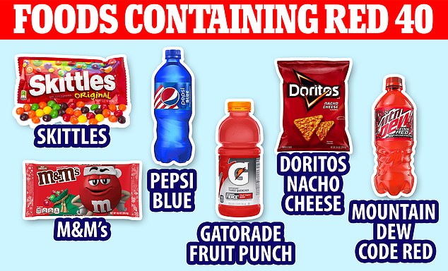 Red 40, also known as Allura red, is in several popular candies, sodas and chips - including Doritos, Skittles, and Pepsi - as well as baked goods and cake mix