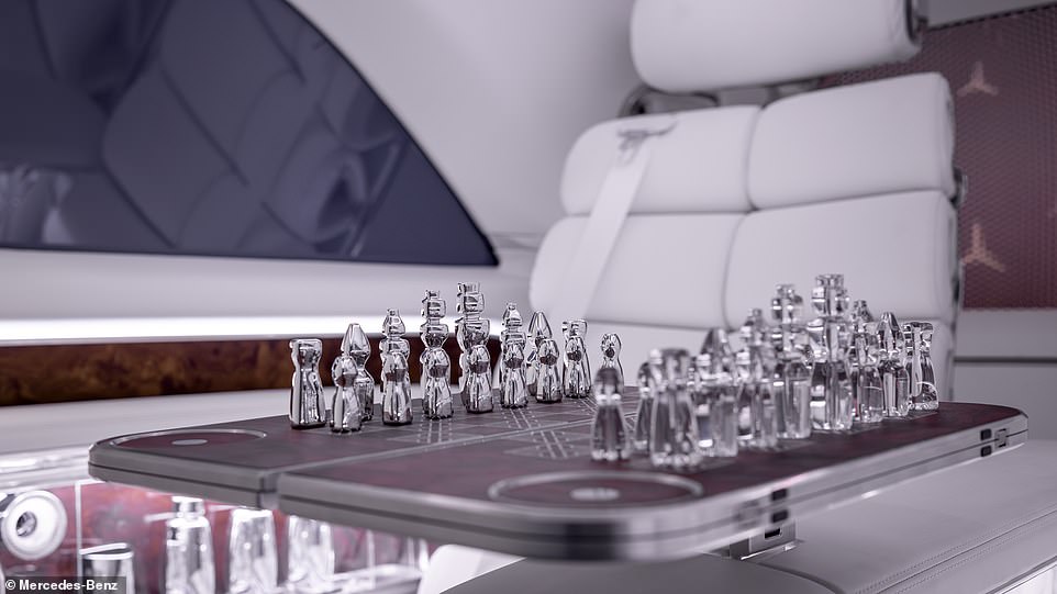 Remove the chess pieces from their glass compartment and the two rear occupants can face-off in a game over the extending table that pops out of the elbow rest dividing the two chairs