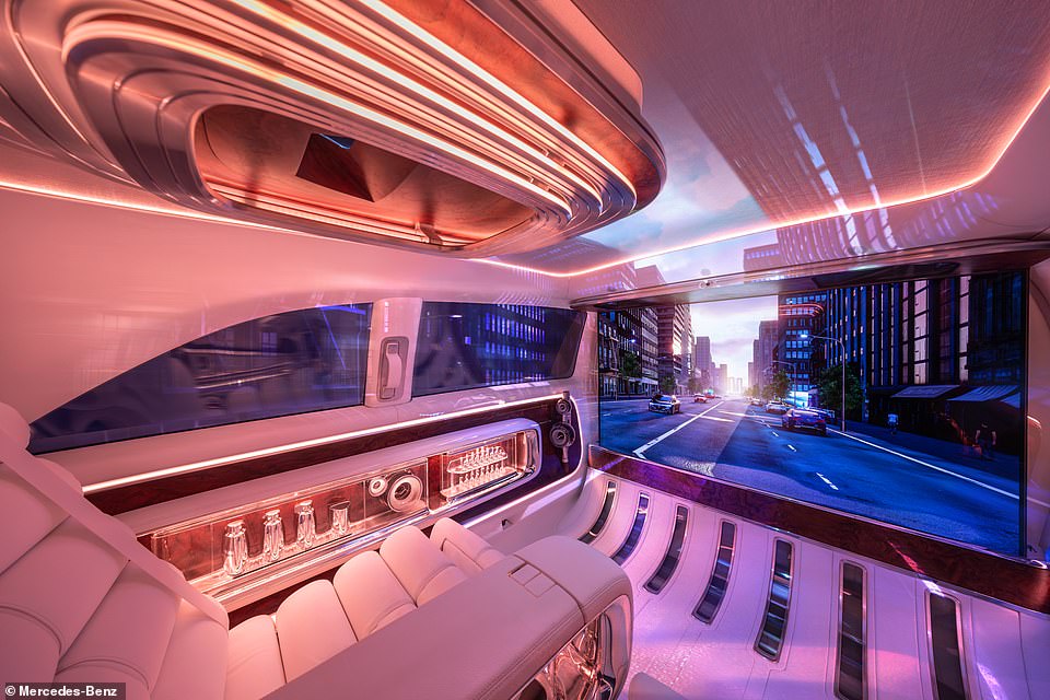 The rear compartment is a 'private lounge' area featuring an enormous 65-inch TV screen, which can retract into the floor when it's not being used as a display or a partition wall between the deep-pocketed passenger and Jeeves at the wheel
