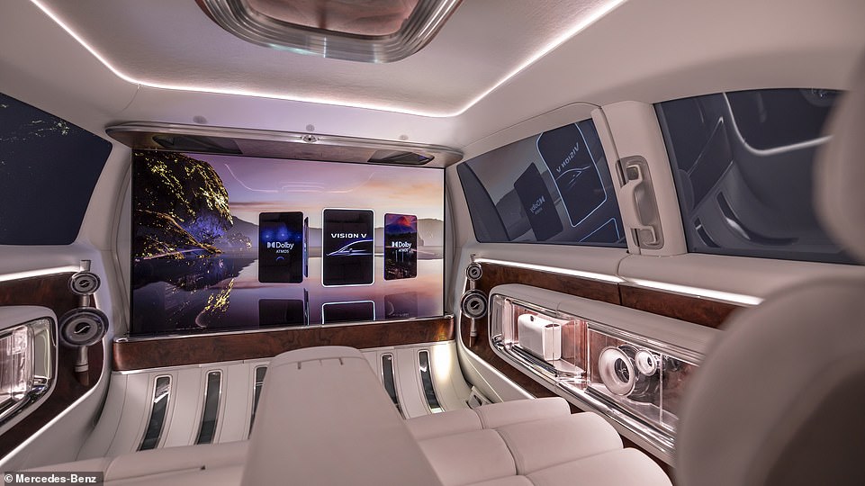 The 65-inch screen spans the entire interior to provide an immersive cinematic experience for those with pockets deep enough to afford a luxury electric limo MPV