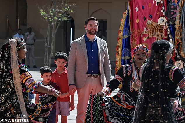 U.S. Vice President JD Vance and his sons, Vivek, and Ewan watch a cultural performance at Amber Fort, a historical site in, Jaipur, India,
