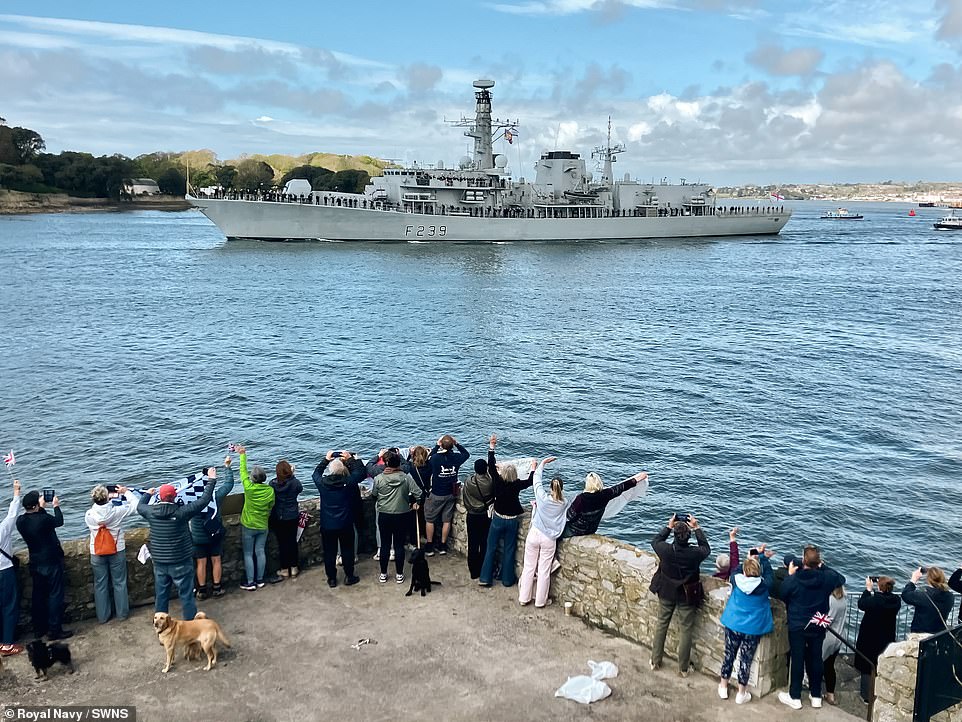 Families cheer off HMS Richmond as it left Plymouth on Tuesday afternoon, with the ship's crew lining the frigate's deck