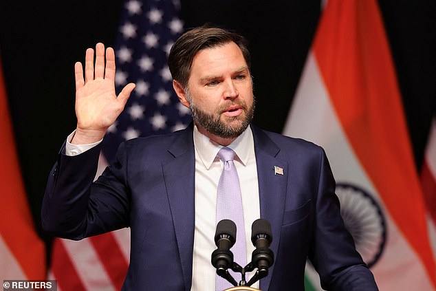 U.S. Vice President JD Vance delivers a speech at the Rajasthan International Center, in Jaipur, India,