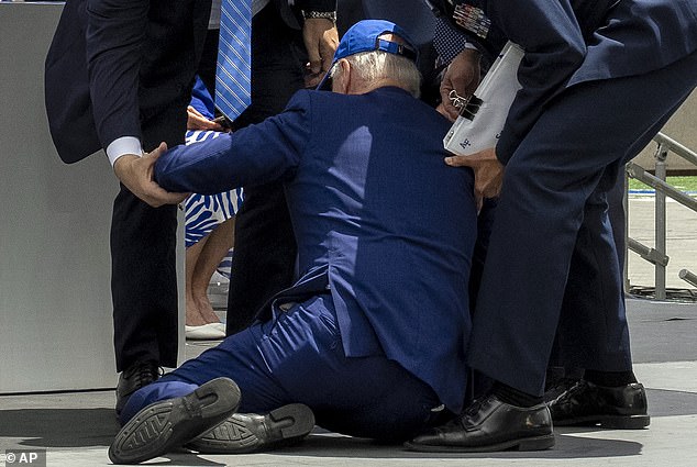 Biden fell to the ground after remarks at the U.S. Air Force Academy Graduation Ceremony in Colorado Springs, Colorado on June 1, 2023