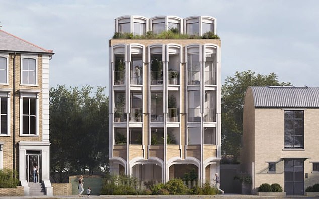 The development of a block of six flats over six stories including a basement - shown in an architect's drawing - is opposed by neighbours in north London's Dartmouth Park including Ed Miliband's wife