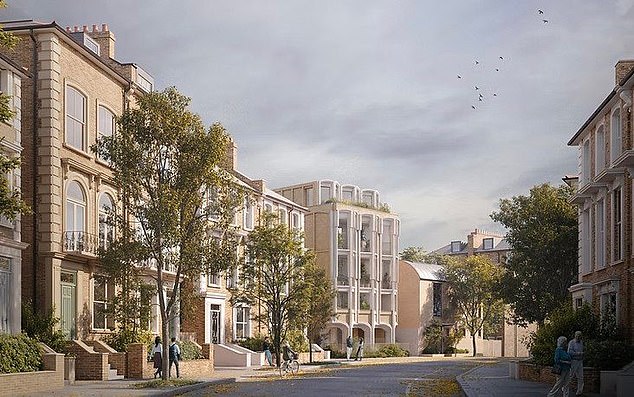Opponents say the proposed block of flats near the Miliband family home - shown here in an architect's drawing - would loom over Victorian houses like a 'Mediterranean hotel'