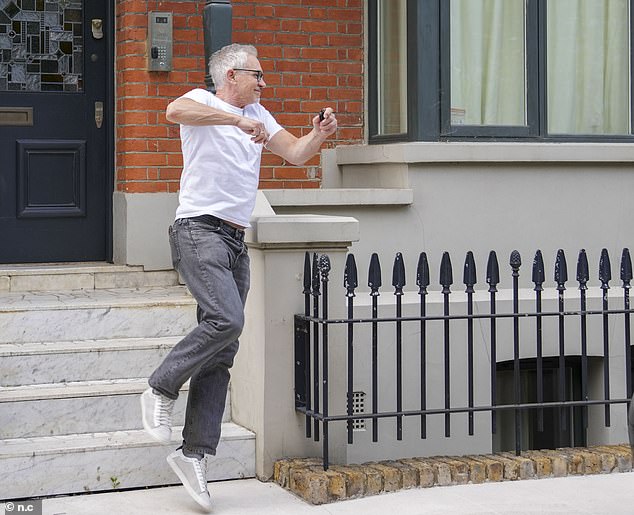 Lineker jumped down his steps as he left his home yesterday after it was announced he was leaving the BBC earlier than planned