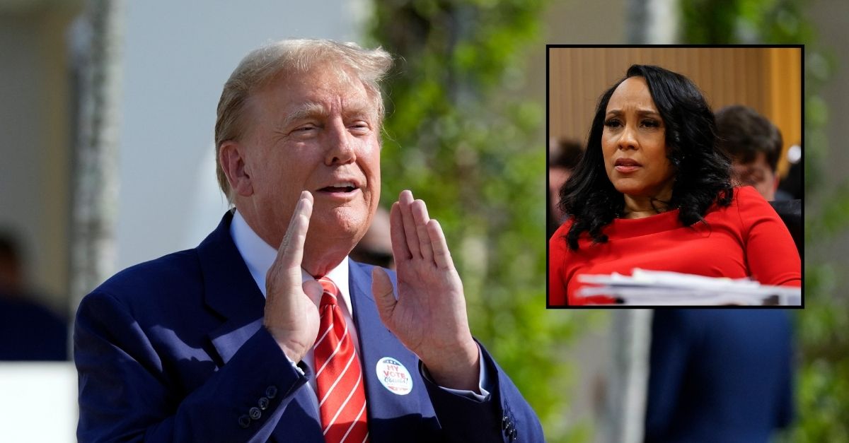 Donald Trump does a hand motion in the main image; Fani Willis looks confused inset on the right