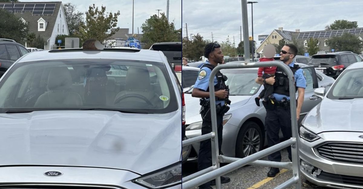 Left: A child in Louisiana attempting to climb out the sunroof of a vehicle. Right: Kenner, Louisiana police officers after removing the unattended child from the vehicle (Kenner Police Department).