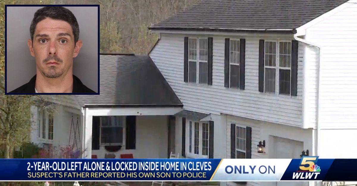 Inset: Joshua Merz (Hamilton County Justice Center). Background: The home where Merz allegedly left his toddler alone for hours (WLWT).