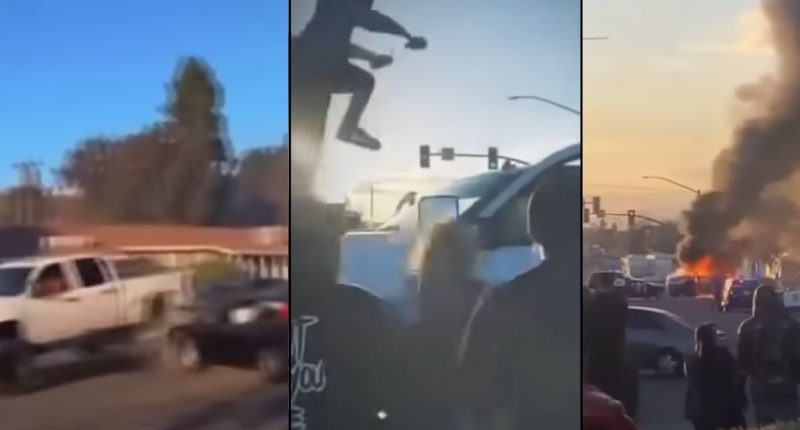 Thugs beat up and shoot at driver who crashed into illegal street show, then light his truck on fire, California police say