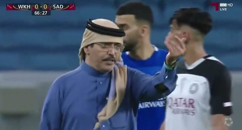 Watch extraordinary scenes in Qatar as a sheikh storms down from executive box onto pitch to furiously confront referee over penalty