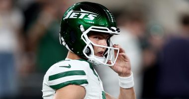 EAST RUTHERFORD, NEW JERSEY - OCTOBER 01: Zach Wilson #2 of the New York Jets looks on against the Kansas City Chiefs during the second quarter in the game at MetLife Stadium on October 01, 2023 in East Rutherford, New Jersey. (Photo by Elsa/Getty Images)