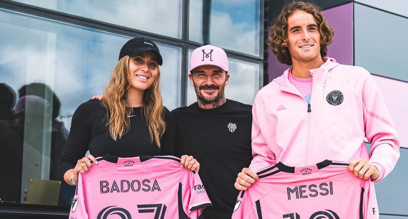 David Beckham welcomes Stefanos Tsitsipas and Paula Badosa to Inter Miami's training base... tennis power couple receive Lionel Messi jerseys and meet Sergio Busquets