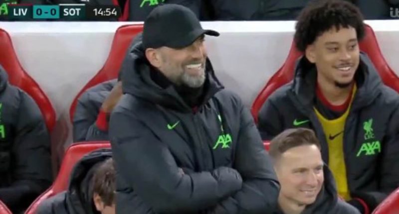 Jurgen Klopp and Liverpool bench are left in STITCHES after Joe Gomez's wayward shot during FA Cup victory against Southampton... after Reds defender tried his to break his career-long goal-drought