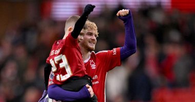 Liverpool mascot's whirlwind ordeal at the City Ground...as he is whisked away from raging Nottingham Forest fans by Andy Robertson and celebrates on the pitch with Harvey Elliot before a touching embrace with Jurgen Klopp