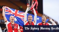 Matildas trio Caitlin Foord, Steph Catley and Kyra Cooney-Cross celebrate Arsenal’s League Cup win over Chelsea