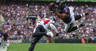 Ravens RB J.K. Dobbins Dives for a touchdown in Week 1 against the Texans.