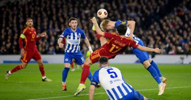 Sardar Azmoun's incredible acrobatic goal for Roma at Brighton ruled out after the referee judged the use of a dangerous high boot