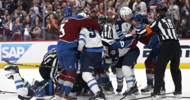 Brendon Dillon of the Winnipeg Jets suffered a deep cut in his hand in Game 3 against the Colorado Avalanche