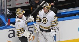 Jeremy Swayman #1 and Linus Ullmark #35 of the Boston Bruins
