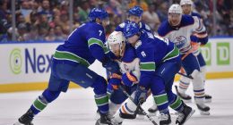 Connor McDavid of the Edmonton Oilers was cross-checked by Carson Soucy of the Vancouver Canucks in Game 3.