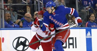 Tony DeAngelo of the Carolina Hurricanes banged a Rangers rookie with an elbow to the head.