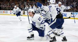 Matthew Knies of the Toronto Maple Leafs celebrates a goal against the Boston Bruins