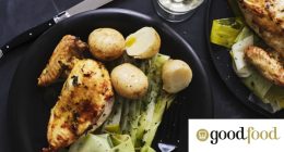 Mustard-and herb-roasted chicken breast with buttered leeks