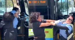 Video shows homeless woman brutally attacking Los Angeles bus driver after allegedly demanding a free ride