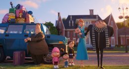 (from left) Minions (Pierre Coffin), Silas (Steve Coogan), Edith (Dana Gaier), Agnes (Madison Polan), Margo (Miranda Cosgrove), Gru Jr., Lucy (Kristen Wiig) and Gru (Steve Carell) in Despicable Me 4, directed by Chris Renaud.