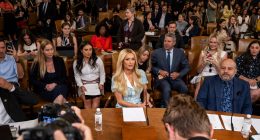 personality and child welfare advocate Paris Hilton arrives to testify at the House Committee on Ways and Means hearing on