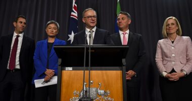 Australian Prime Minister Anthony Albanese and his interim ministers Penny Wong, Jim Chalmers, Richard Marles and Katy Gallagher during his first presser in charge