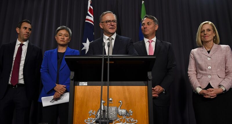 Australian Prime Minister Anthony Albanese and his interim ministers Penny Wong, Jim Chalmers, Richard Marles and Katy Gallagher during his first presser in charge