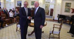 Anthony Albanese shakes the hand of Governor-General David Hurley at Government House in Canberra on Monday morning