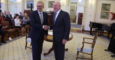 Anthony Albanese shakes the hand of Governor-General David Hurley at Government House in Canberra on Monday morning