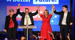 Anthony Albanese (centre) vanquished Scott Morrison to become only the fourth Labor leader to win government from opposition since World War II