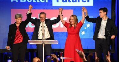 Anthony Albanese (centre) vanquished Scott Morrison to become only the fourth Labor leader to win government from opposition since World War II