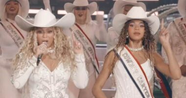 Blue Ivy, 12, towers over mom Beyonce as they square dance during epic NFL halftime performance in Houston