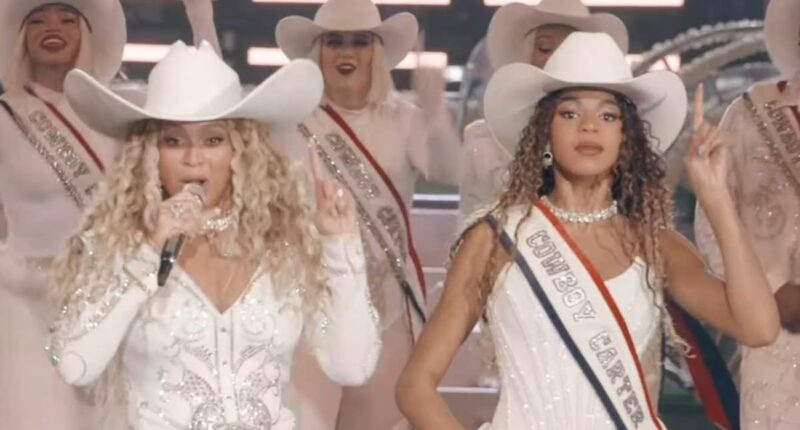 Blue Ivy, 12, towers over mom Beyonce as they square dance during epic NFL halftime performance in Houston