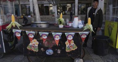 A street vendor displays corn cobs on his cart at Manger Square, adjacent to the Church of the Nativity, traditionally recognized by Christians to be the birthplace of Jesus Christ, on Christmas Day in the West Bank city of Bethlehem Tuesday, Dec. 24, 2024. (AP Photo/Nasser Nasser)