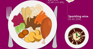 Cost of Christmas dinner rockets to £32.57 for a family of four as supermarket grocery inflation pushes some traditional veg prices to 16% higher than last year